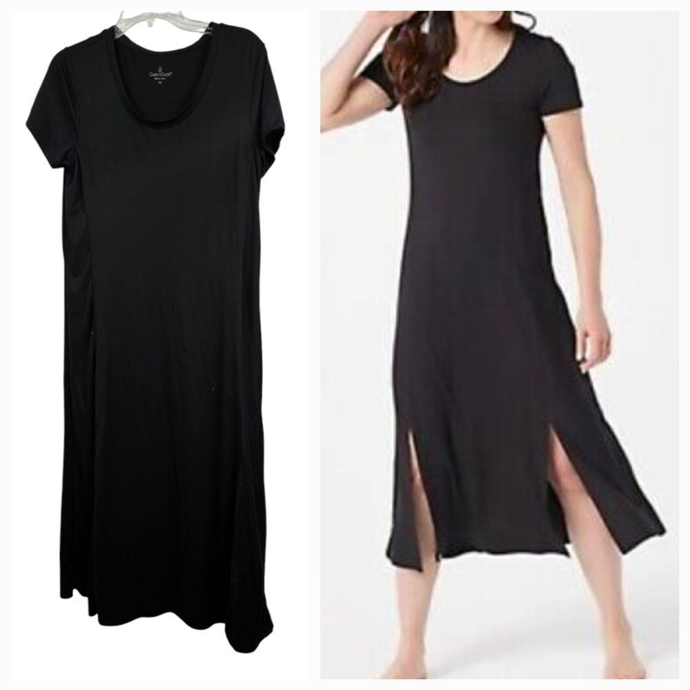 Cuddl Duds Flexwear Black Short-Sleeve Midi Dress w/ Front Slits – Women's M